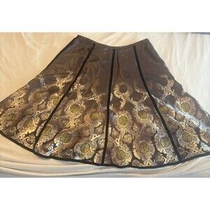 Apostrophe  Art Nouveau Skirt Velvet Trim Border Print Midi A-Line Gold Sz 16
